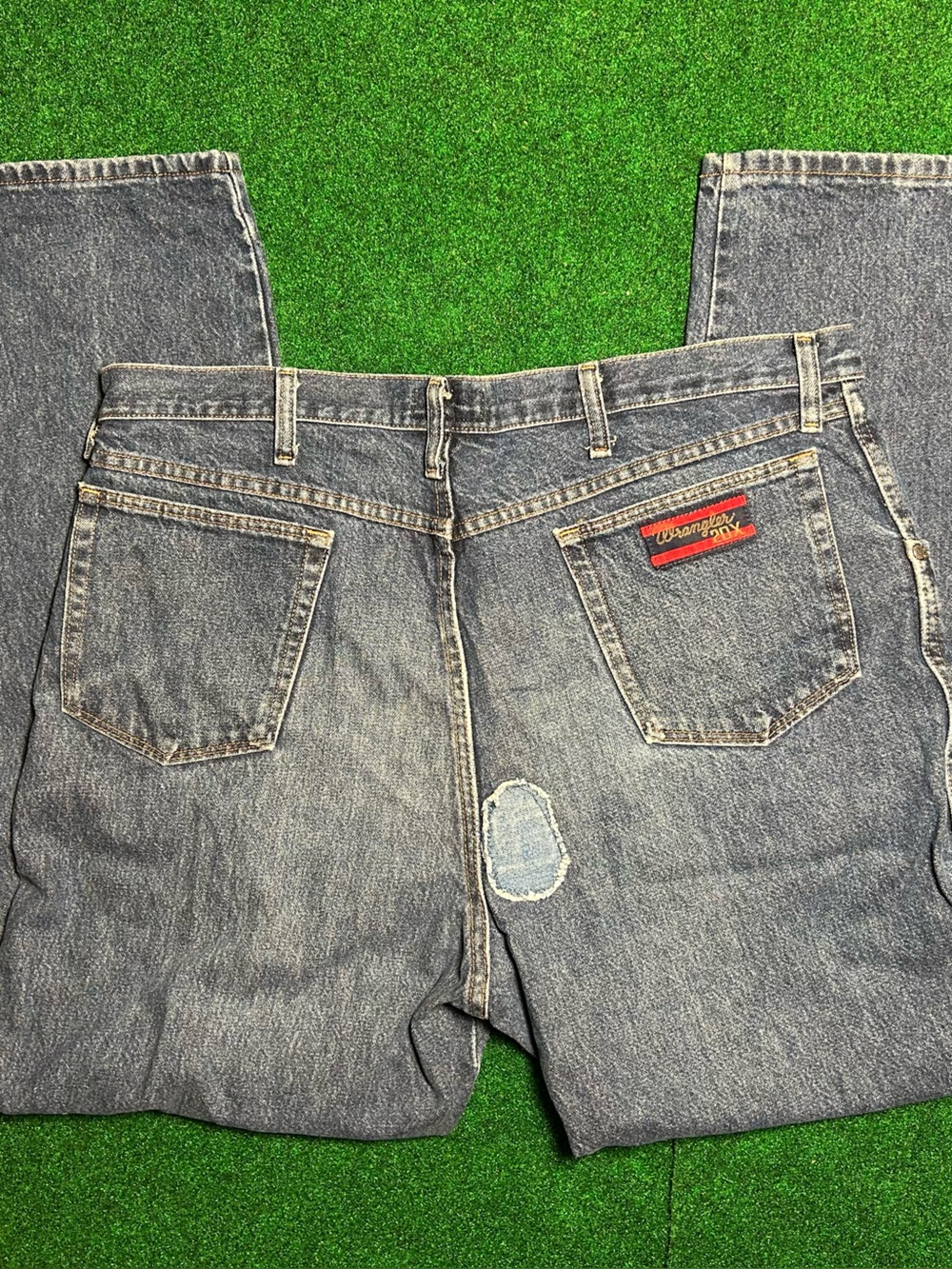 80s Wrangler Men’s large Blue Denim Jeans with patch work and embroidery
